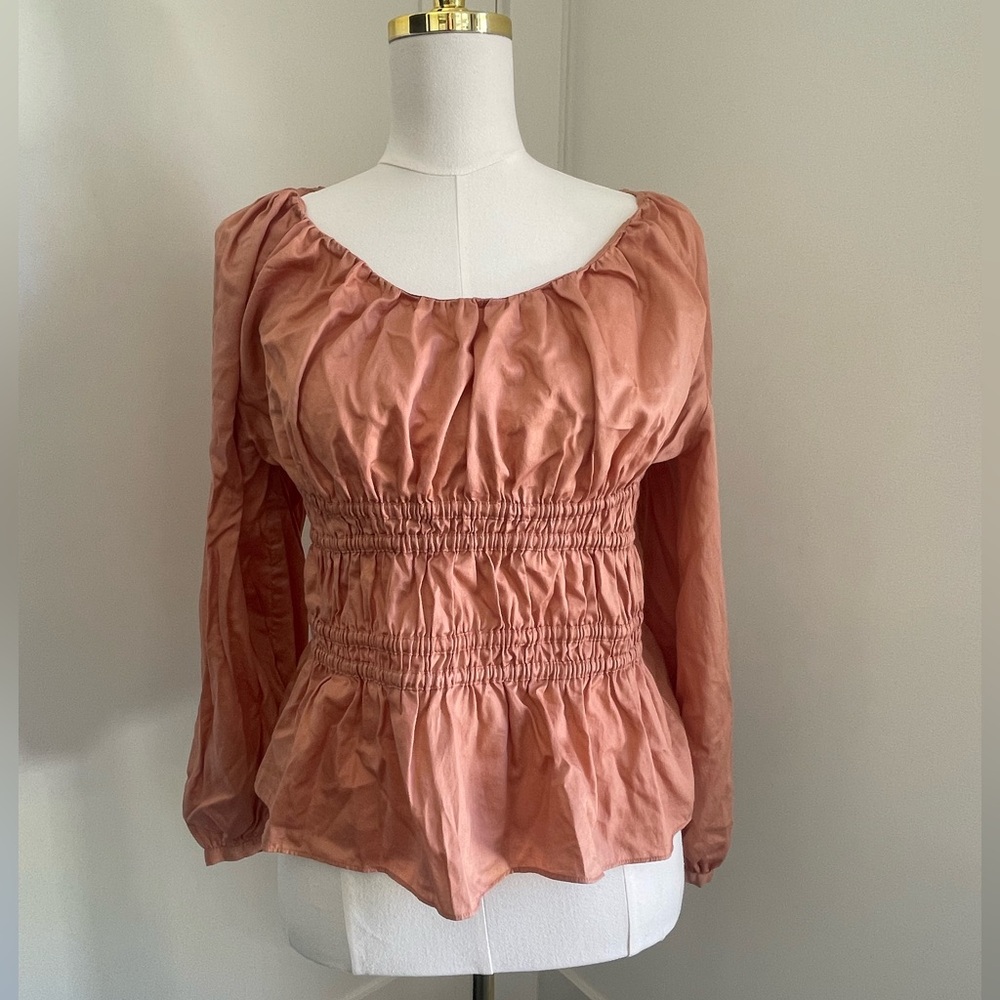 Rebecca Taylor Smocked Blouson-Sleeve Top